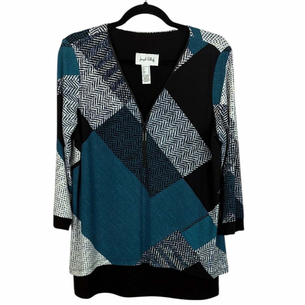 Joseph Ribkoff Geometric Print Overlay Zip Front Top Blue Black White Size 10